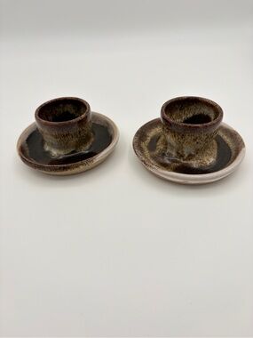 Two Pottery Taper Candlesticks, Egg Cups Neutral/Brown Tones